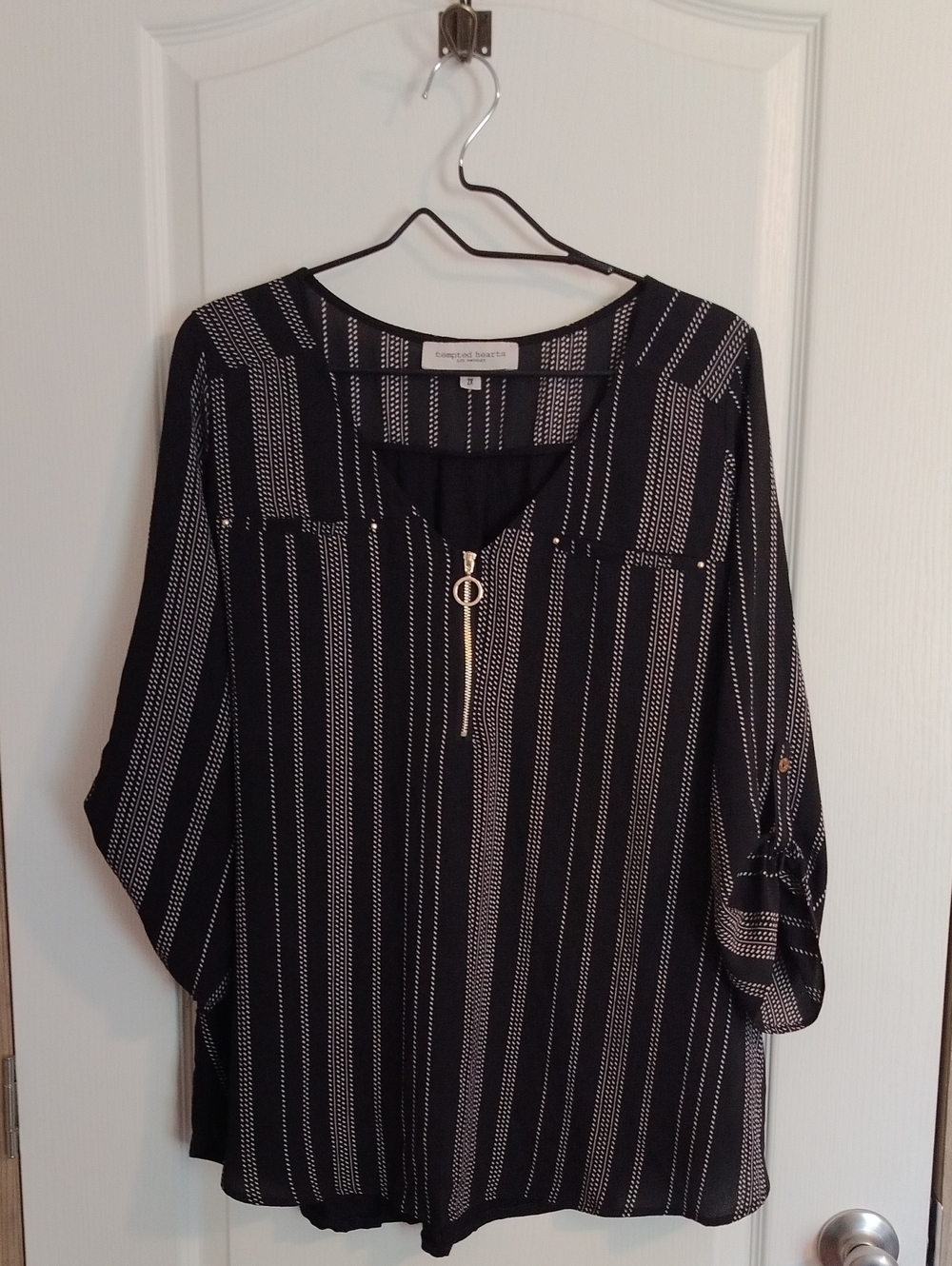 Tempted Hearts Black and White Vertical-Stripe Zip Front Blouse - Size 2X